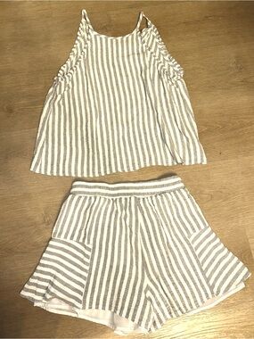 Maven West White and Taupe Striped Two-Piece Tank and Short Set
